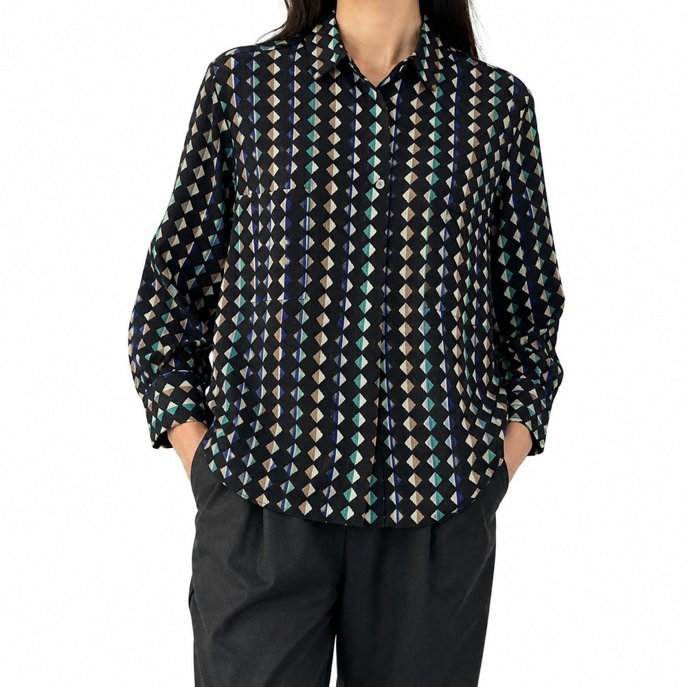 Tulip B Button-Down Blouse Women's Medium Geometric Point Collar Patch Pockets